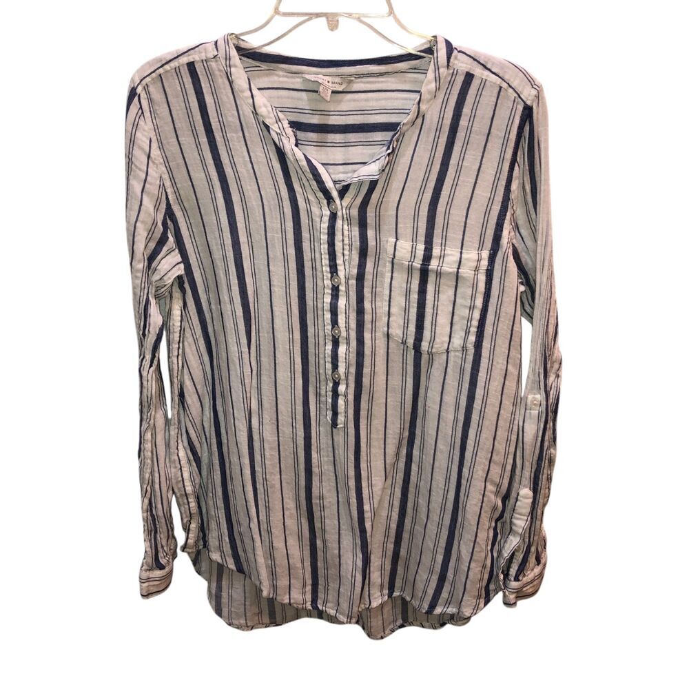 Lucky Brand Womens Large Blue White Striped Popover Blouse Roll Tab Top Size L